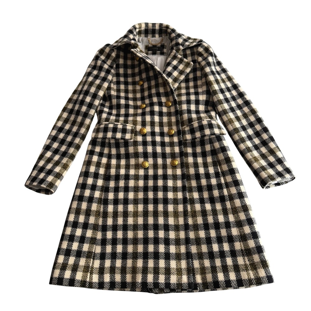 J. Crew Oxford Plaid Check Double Breasted Wool Cypress Black Ivory Coat sz 00